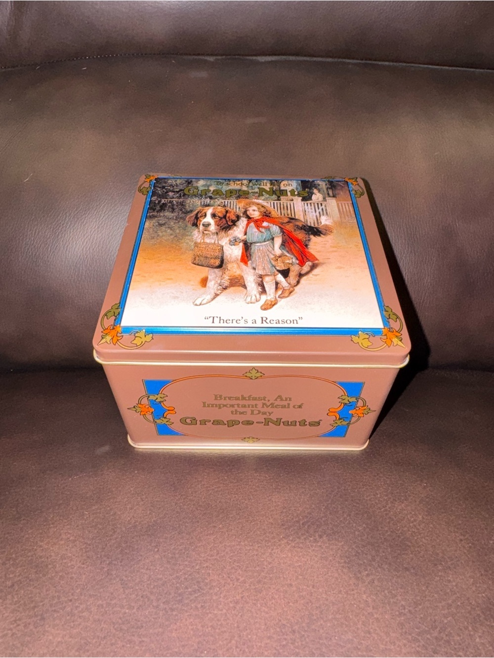 Vintage Grape-Nuts Decorative Tin - Brown with Blue Accents